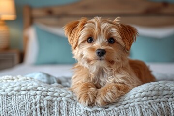 Wall Mural - Adorable Puppy Enjoys Cozy Bedroom at Our Pet-Friendly Hotel with Ample Copy Space