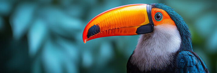 A tropical toucan with its large, colorful beak, isolated on a pastel mint background, symbolizing the vibrancy of the rainforest,