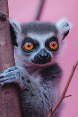Poster - A lemur sitting in a tree, isolated on a pastel lavender background, with its wide, expressive eyes,