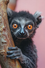 Poster - A lemur sitting in a tree, isolated on a pastel lavender background, with its wide, expressive eyes,