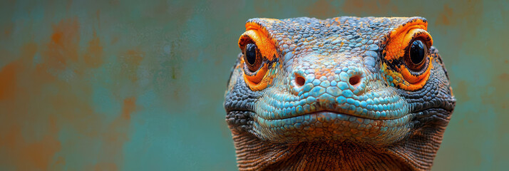Aufkleber - A close-up of a Komodo dragon, isolated on a pastel green background, showcasing its rough texture and imposing form,