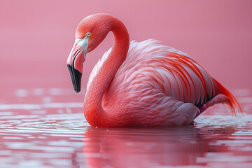 Aufkleber - A flamboyant flamingo standing in shallow water, isolated on a pastel pink background, with its long neck and bright feathers,