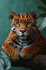 Poster - A jaguar resting on a jungle log, isolated on a pastel green background, highlighting its powerful, muscular form,