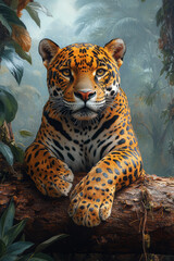 Aufkleber - A jaguar resting on a jungle log, isolated on a pastel green background, highlighting its powerful, muscular form,