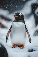 Poster - A penguin waddling across the snow, isolated on a pastel gray background, highlighting its playful nature in a cold environment,