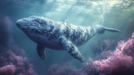 Poster - A narwhal swimming through icy waters, isolated on a pastel lavender background, showcasing its long tusk and mysterious beauty,