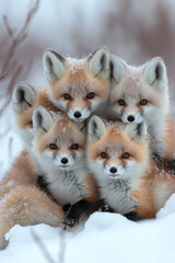 Poster - A group of Arctic foxes playing in the snow, isolated on a pastel pink background, symbolizing agility and adaptation,