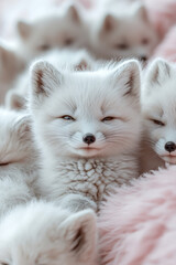 Poster - A group of Arctic foxes playing in the snow, isolated on a pastel pink background, symbolizing agility and adaptation,