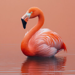 Poster - A tropical flamingo standing in shallow water, isolated on a pastel peach background, showing off its vibrant pink feathers,