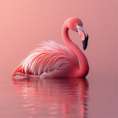 Poster - A tropical flamingo standing in shallow water, isolated on a pastel peach background, showing off its vibrant pink feathers,