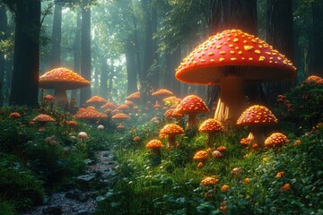 Canvas Print - Biotechnology Transforms Nature in a Surreal Landscape of Vibrant Mushrooms and Lush Plants