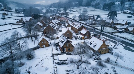 Canvas Print - Snowy Village Aerial View