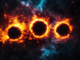 A captivating image of three fiery circles resembling burning rings in a cosmic, dark backdrop with blue and orange hues.