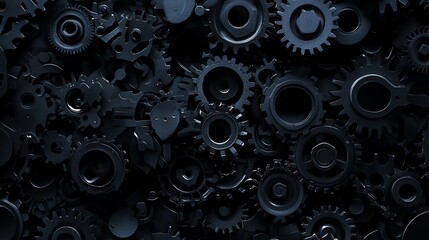 Poster - A close-up view of numerous black gears interlocked together, symbolizing complex machinery and industrial technology.