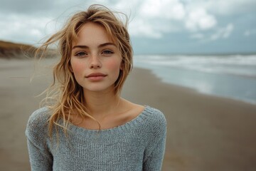 Wall Mural - Joyful Beach Moments: A Young Woman's Smile Captured in a Stunning Coastal Panorama