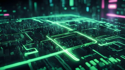 Abstract 3D rendering of a circuit board with glowing green lines.