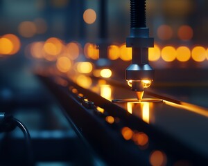 Poster - Close-up of industrial machinery in a factory setting with blurring background lighting. High-tech automation and precision engineering in action.