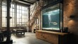 © Timeless Touch - An industrial-style loft, with the ocean scene inside the glass box placed on a large wooden workbench, the scene tranquility juxtaposed against exposed brick and metal beams