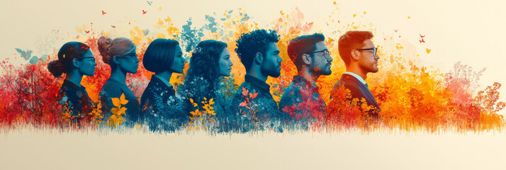 Poster - A group of entrepreneurs working together at a startup incubator, isolated on a pastel beige background, symbolizing teamwork and growth,