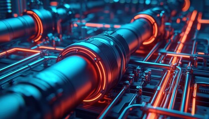 Poster - Light mapping on a complex industrial machine, glowing circuit patterns