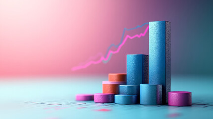 Poster - A bar chart rising, isolated on a pastel blue background, symbolizing financial growth and investment returns,