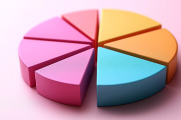 Poster - A pie chart divided into colorful segments, isolated on a pastel pink background, representing market share and data distribution,