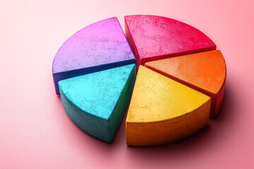 Poster - A pie chart divided into colorful segments, isolated on a pastel pink background, representing market share and data distribution,