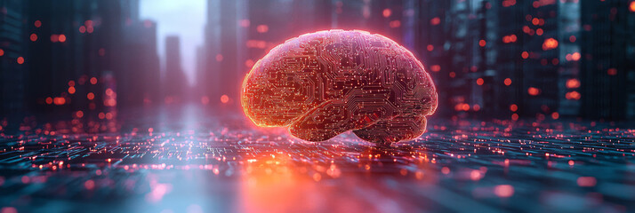 Poster - A glowing AI brain with circuits, isolated on a pastel lavender background, representing the intelligence of machines,