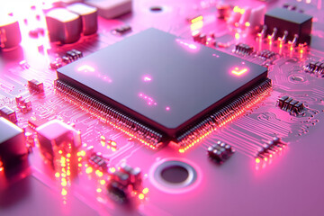 Poster - A 3D rendering of an AI chip, isolated on a pastel lavender background, showcasing the core technology behind AI systems,