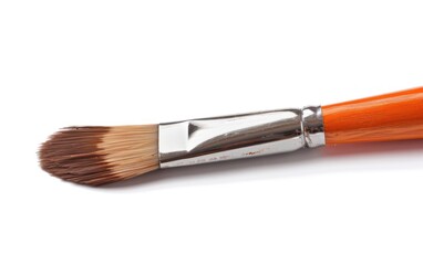 Close-up of a paintbrush with wooden handle and soft bristles isolated on white background.