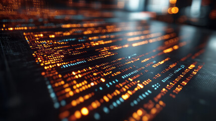 Poster - A close-up of code on a dark screen, isolated on a pastel green background, highlighting complex programming languages,