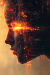 Poster - A glowing code snippet transforming into a digital product, isolated on a pastel beige background, symbolizing innovation through coding,
