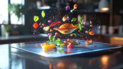 Poster - A holographic food delivery app in mid-air, vibrant images of food spinning in 3D above a sleek surface.