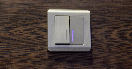 Modern dual light switch with metallic finish and blue LED indicator, mounted on dark wood wall.