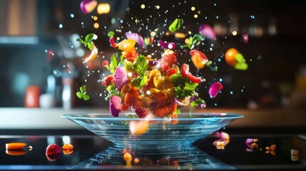 Poster - A holographic food delivery app in mid-air, vibrant images of food spinning in 3D above a sleek surface.