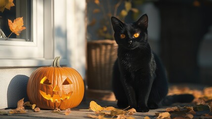 Wall Mural - A realistic black cat poses beside a Halloween pumpkin on a porch, bathed in warm natural autumn light.