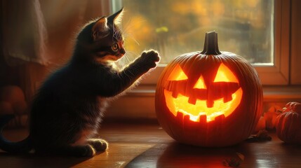 Wall Mural - Black cat curiously paws at a glowing jack-o'-lantern, with sunlight streaming through a nearby window.