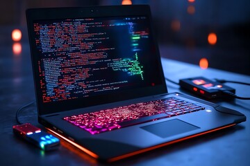 Leinwandbilder - Detailed close-up of a hackerâ€™s laptop, with complex code running on the screen, USB drives connected, and encrypted data flowing across the display