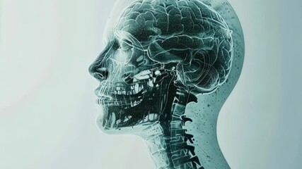 Poster - Transparent human head is revealing the brain and cervical vertebrae, suggesting neural enhancement and the future of neurotechnology
