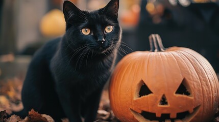 Wall Mural - Black cat sitting gracefully near a Halloween pumpkin, with natural light casting soft shadows.