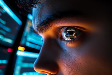 Leinwandbilder - Detailed image of a hackerâ€™s face lit by multiple computer screens, showing intense focus and the reflection of code and encrypted data in their eyes