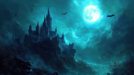 Dark castle floating in the sky with bats circling and a bright full moon casting an eerie glow.