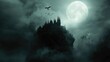 © P.G - Dark castle floating in the sky with bats circling and a bright full moon casting an eerie glow.