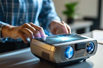 Poster - Detailed image of a teacher using a projector in a classroom, with the projected light and image sharp and clear, showing modern teaching technology