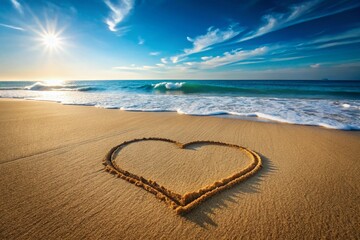 Heart Shape in the Sand on a Beach with Gentle Waves and Clear Blue Sky in the Background