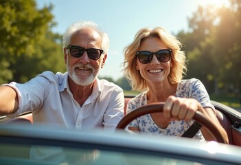 Happy senior couple driving convertible car on a sunny day, enjoying road trip adventure, wearing sunglasses, summer travel, retirement lifestyle