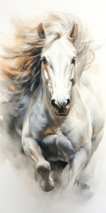 A dynamic illustration of a powerful white horse galloping through mist, with its mane flowing in the wind, capturing speed and grace