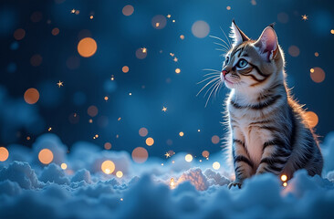 Wall Mural - winter background with a cat sitting on the snow at night