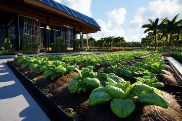 Poster - Digital 3D rendering of a sustainable farm, where users can explore different eco-friendly farming methods like solar-powered irrigation and vertical farming