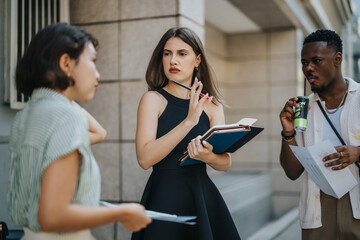 Wall Mural - Three young professionals discussing business plans outdoors. The group is engaged in a serious discussion with notes, papers, and drinks.